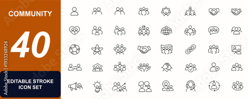 People & Community web icons in line style. Unity symbol, team group, family icon, diversity, social network, avatar profile, support, alliance. Editable stroke. Vector illustration.
