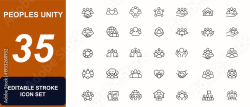 Community web icons in line style. Friendship bonds, people group, solidarity outreach, diversity unity, volunteer support, social network. Editable stroke. Vector illustration.