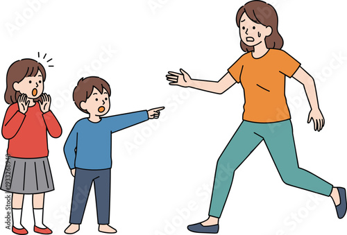 Worried Mother Running Towards Surprised Children, Parenting and Family Emergency Concept Vector Illustration