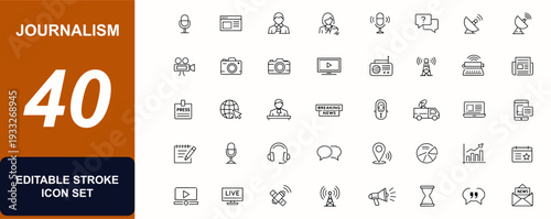Journalism web icons in line style. Broadcast studio, interview microphone, newsroom camera, press coverage, headline bulletin. Editable stroke. Vector illustration.