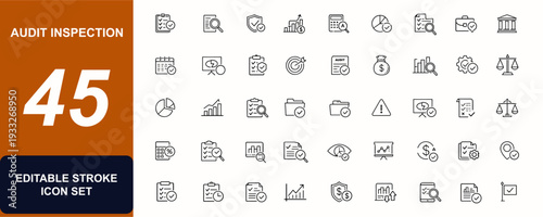 Audit inspection web icons in line style. Compliance checklist, auditor review, finance report, risk control, verification, dashboard, magnifier. Editable stroke. Vector illustration.
