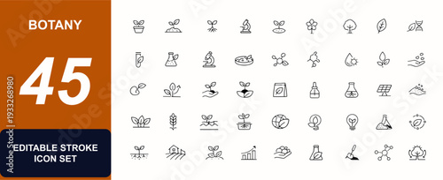Botany web icons in line style. Photosynthesis, herbal leaf, biology flask, plant growth, organic soil, tree seed, eco system. Editable stroke. Vector illustration.