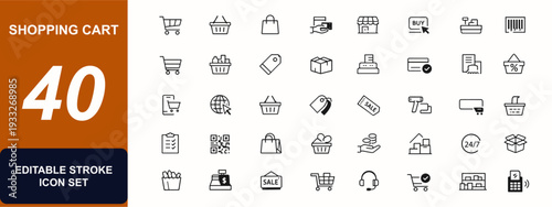 Shopping cart web icons in line style set. Retail checkout, ecommerce purchase, basket, trolley, store payment, barcode scan. Editable stroke. Vector illustration.