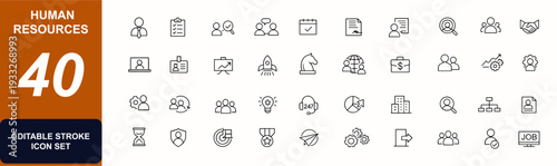 Human Resources web icons in line style set. Recruitment, employee profile, hiring, resume, office management, corporate team, payroll, talent. Editable stroke. Vector illustration.