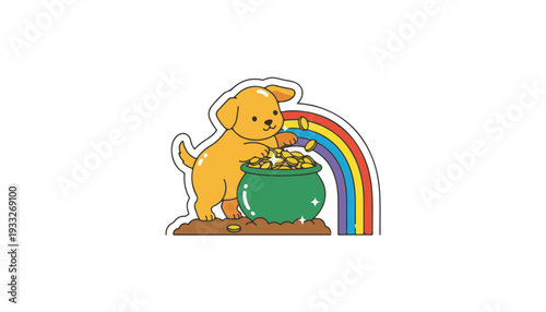 Graphic Vector Puppy Digging Up Pot of Gold at End of Rainbow Financial Wealth St Patricks Day Concept