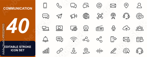 Communication web icons in line style, phone, chat, mail, satellite, radio. Call center, message bubble, contact device, antenna, support. Editable stroke. Vector illustration.