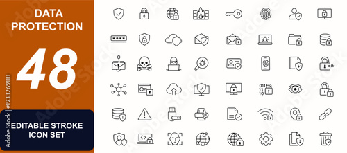 Data protection web icons in line style. Shield security, firewall defense, encryption lock, secure access, privacy control, breach alert. Editable stroke. Vector illustration.