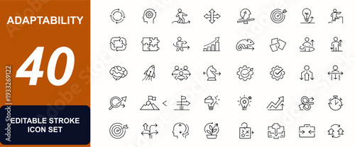 Adaptability web icons in line style. Change management, problem solving, flexible mindset, leadership skills, growth concept, teamwork, strategy. Editable stroke. Vector illustration.