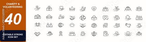 Charity and volunteering web icons in line style. Donation, helping hand, nonprofit aid, outreach, compassion, handshake, teamwork. Editable stroke. Vector illustration.