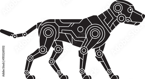 Black robotic dog silhouette with white circuit board lines and circular joints walking also transparent background