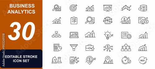 Business analytics web icons in line style. Financial chart, data dashboard, strategy planning, metrics report, profit forecast, research diagram. Editable stroke. Vector illustration.