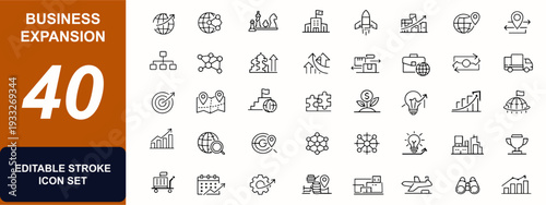 Business Expansion web icons in line style. Global growth, market strategy, trade network, corporate structure, sales chart, economic development. Editable stroke. Vector illustration.