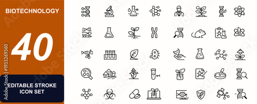 Biotechnology web icons in line style. DNA research, genome lab, molecular farming, microbe analysis, cell experiment, microscope innovation. Editable stroke. Vector illustration.