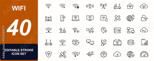 Wifi web icons in line style. Router, hotspot, broadband access, antenna signal, cloud transfer, secure connection, mobile device network. Editable stroke. Vector illustration.