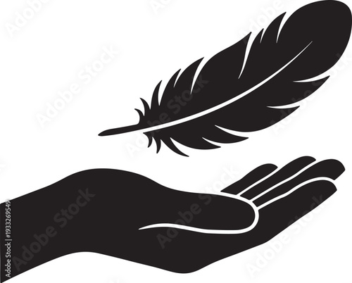 Black silhouette of a hand holding a single black feather also transparent background hand silhouette