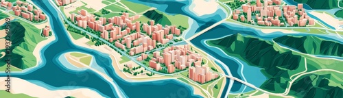 Urban Riverfront Development A Stylized Top-Down View of a Modern City Intertwined with Nature, showing an aerial perspective of cityscape and waterways. ,Cityscape,Riverfront