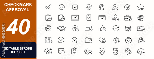 Checkmark approval web icons in line style. Verification, checkbox, compliance, security badge, tick symbol, interface button, status. Editable stroke. Vector illustration.