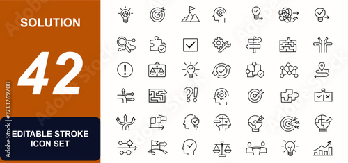 Solution web icons in line style. Maze decision, problem solving, workflow process, puzzle diagram, strategy method, troubleshooting fix. Editable stroke. Vector illustration.