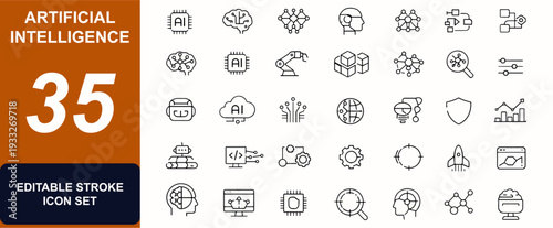 Artificial intelligence web icons in line style set. Neural network, robot, data chip, algorithm nodes, analytics interface, smart circuit. Editable stroke. Vector illustration.