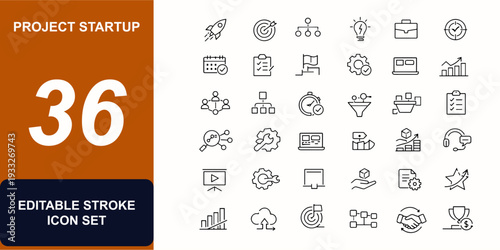 Project startup management web icons in line style. Dashboard, task planning, resource allocation, team workflow, budget control, leadership. Editable stroke. Vector illustration.