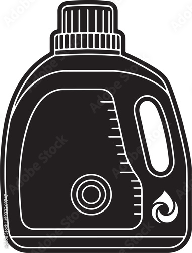 Black silhouette of a liquid detergent bottle with measuring lines and a handle also transparent background