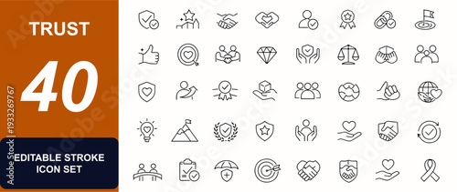 Trust web icons in line style. Handshake reliability, customer confidence, business credibility, loyalty commitment, assurance. Editable stroke. Vector illustration.
