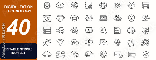 Digitalization technology web icons in line style. ai, database, cyberspace, binary, network, security, device, robot. Editable stroke. Vector illustration.