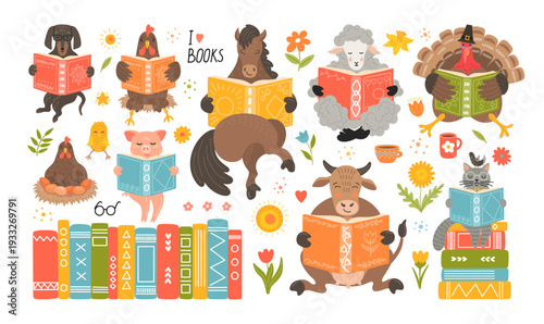 Domestic animals reading book. Spring cute fantasy hand-drawn farm animals set: cat, dog; hen; chicken, horse, cow, sheep, turkey, pig.