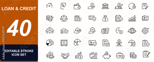 Loan and credit web icons in line style. Mortgage, borrowing, banking, debt repayment, tax, investment, collateral, contract, interest, transfer icons. Editable stroke. Vector illustration.