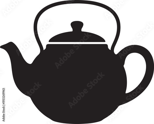 Black silhouette of a teapot with spout handle and lid also transparent background kitchen drink