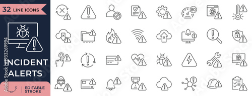 IT incident management and system alert line icon set for security monitoring