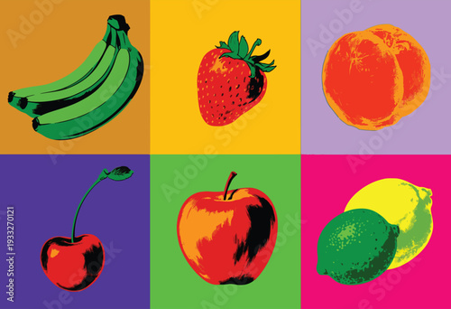 Posterized Pop Art Style Fruit Collection Featuring Apple, Orange, Strawberry, Raspberry, Lemon and Peach, Bold Colorful Graphic Illustration for Modern Kitchen and Print Design