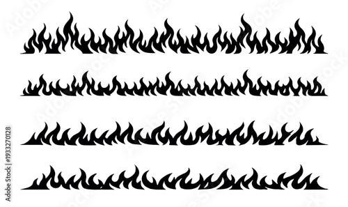 Black fire flame seamless borders and blazing frame dividers vector set isolated on transparent background
