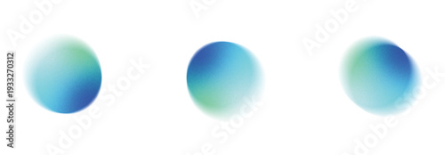A composition of three abstract, blurred circular shapes displaying a color transition from deep blue to bright cyan and green, set against a pure white background.