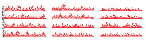 Red cartoon fire flame seamless borders and blazing frame elements vector set isolated on transparent background