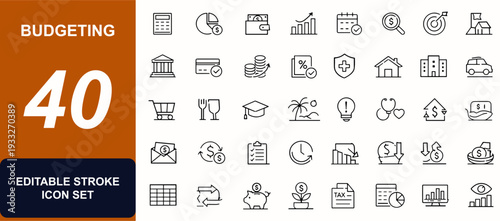 Budgeting web icons in line style. Finance dashboard, expense tracker, savings planner, cashflow chart, calculator, tax form, spreadsheet. Editable stroke. Vector illustration.