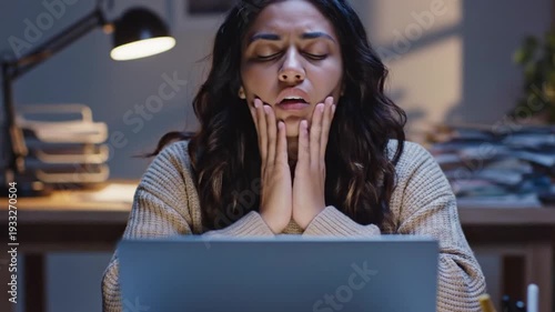 Stressed woman working on laptop at night in office