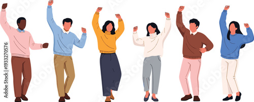 Group of happy young people dancing and celebrating with raised hands