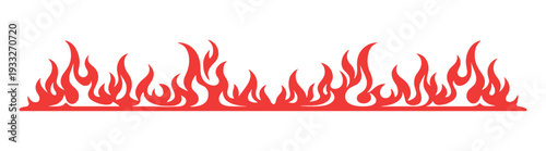 Red flame fire seamless border set, blazing horizontal frame dividers, cartoon burning decorative vector elements on transparent background