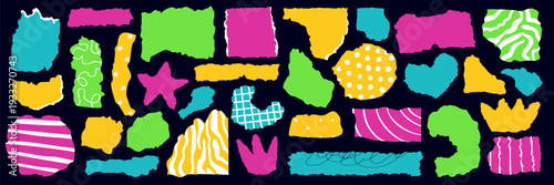 Torn paper shapes set featuring ripped fragments with rough borders. Cut paper scraps ideal for kids crafts, DIY projects, scrapbook frames and creative collage compositions.