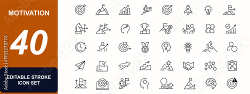 Motivation web icons in line style. Leadership, goal setting, teamwork, progress, perseverance, ambition, mindset, productivity, career icons. Editable stroke. Vector illustration.