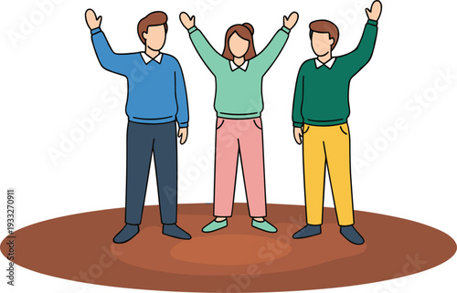 Group of young people waving hands and standing on a circular platform