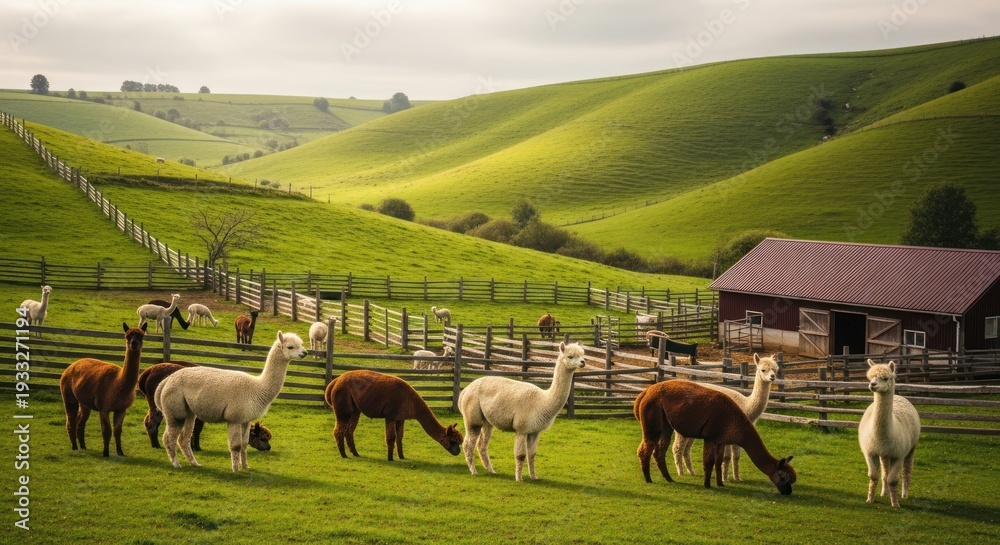 Obraz premium Herd of alpacas grazing in a green pasture with rolling hills