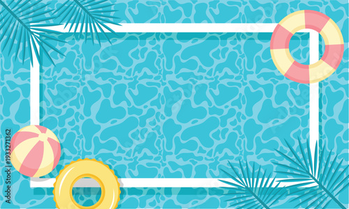 A colorful summer pool scene with inflatables and palm leaves on turquoise water background