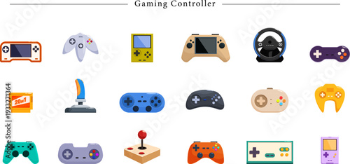 Gaming Controller Vector Icons Set With 18 Retro Handhelds Modern Gamepads Arcade Sticks And Steering Wheels