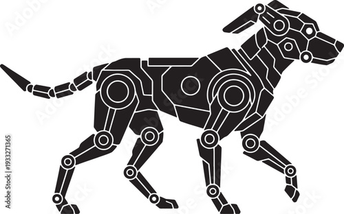 Silhouette of a black robotic dog with visible mechanical joints and gears also transparent background