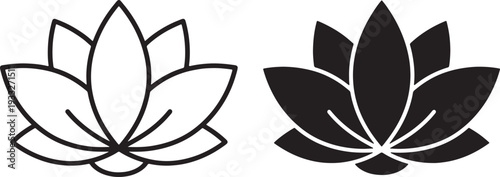 Stylized black and white lotus flower side by side also transparent background symbol outline