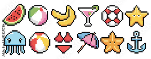 Set of Summer Themed Pixel Icons Featuring Watermelon, Shell, Cocktail, Lifebuoy, Starfish, Jellyfish, Swimsuit, Beach Umbrella and Anchor for Retro Game and UI Design