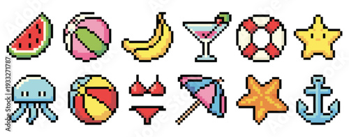 Set of Summer Themed Pixel Icons Featuring Watermelon, Shell, Cocktail, Lifebuoy, Starfish, Jellyfish, Swimsuit, Beach Umbrella and Anchor for Retro Game and UI Design