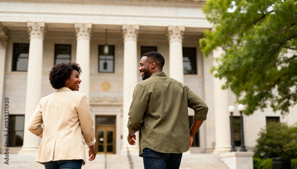 Fototapeta premium Happy African American couple walking towards a courthouse with columns. Rear view of a man and woman entering a government building or city hall for a civil wedding ceremony